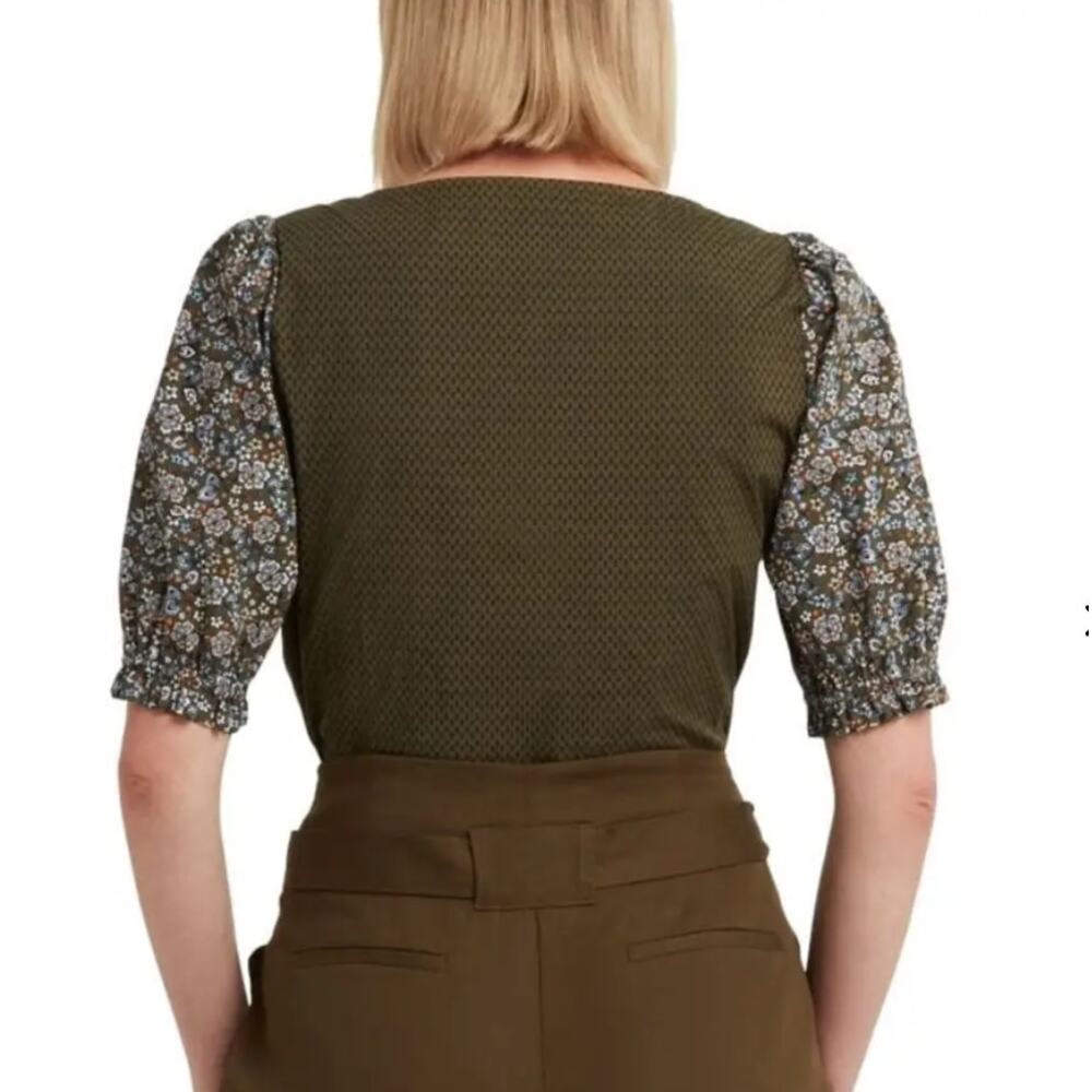 NWT H by Halston Mixed Media Floral Poplin Top Blouse in Green sz L - Picture 2 of 8